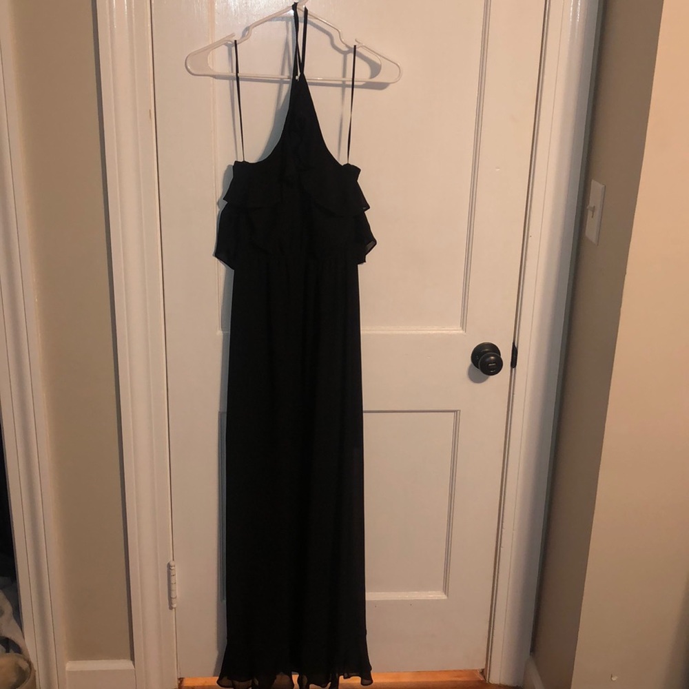 Black chiffon halter dress with flutter sleeve